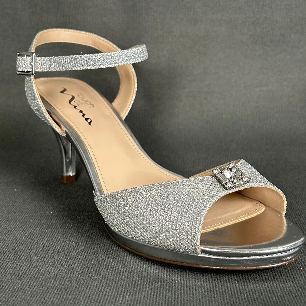 Nina Najia Silver Glitter Ankle Strap Heeled Sandals 7.5W Crystal Buckle Formal‎